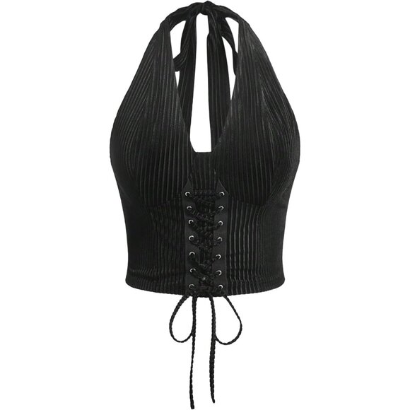 Women’s Plus Size Crop Top Lace Up Front Halter Open Back Casual Sleeveless - Picture 1 of 4